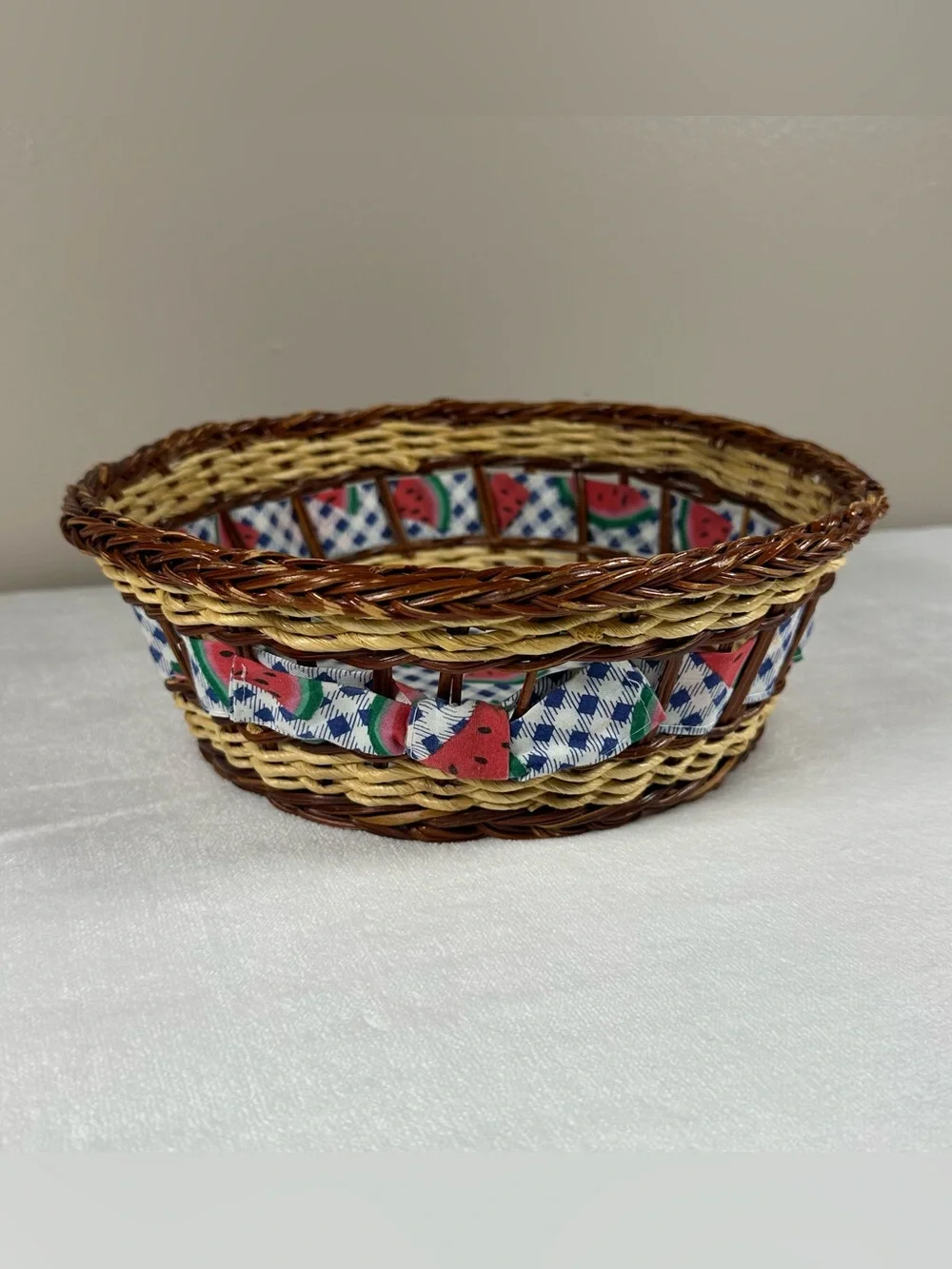 Woven Decorative Basket with Watermelon Ribbon Accent - Brown & Natural